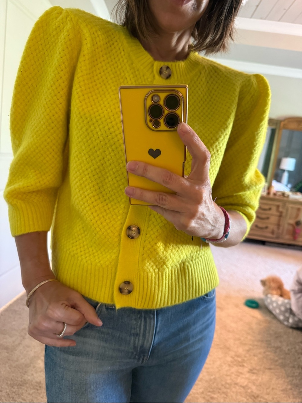 ZARA Yellow Puff Sleeve Knit Cardigan (M)